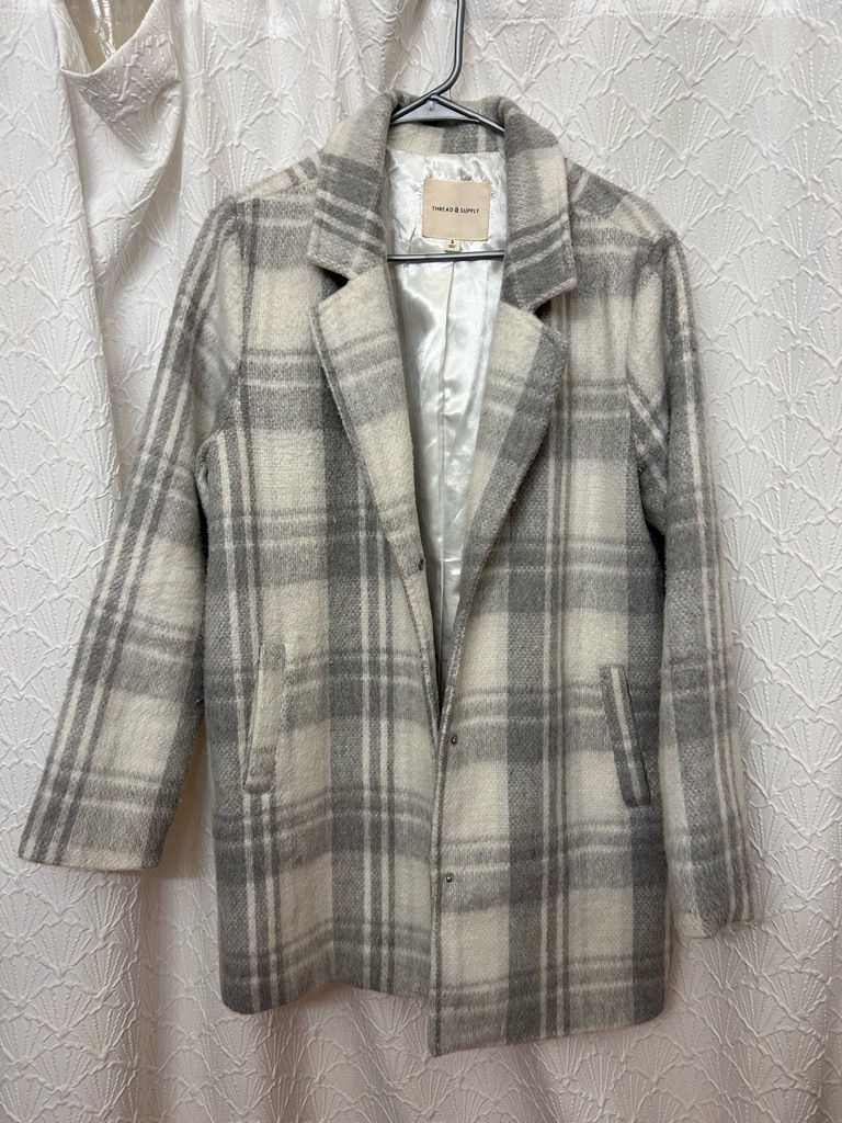 Thread & Supply Oversized Grey/Cream Plaid Long Trench Coat — image 2 of 2